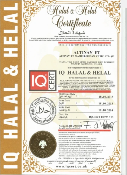 Helal Sertifikası – eski Altınay web sitesinden alınmış belge görüntüsü
