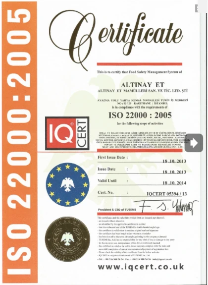 ISO 22000:2005 – eski Altınay web sitesinden alınmış belge görüntüsü