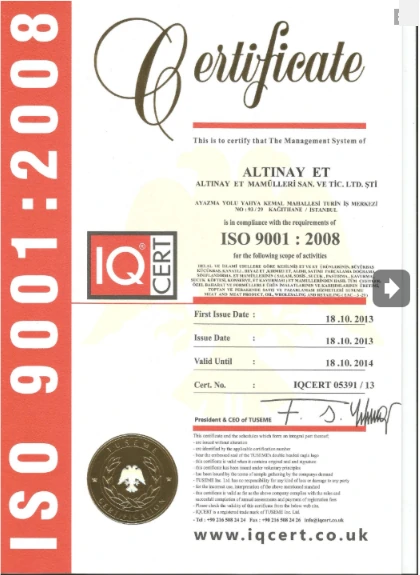ISO 9001:2008 – eski Altınay web sitesinden alınmış belge görüntüsü